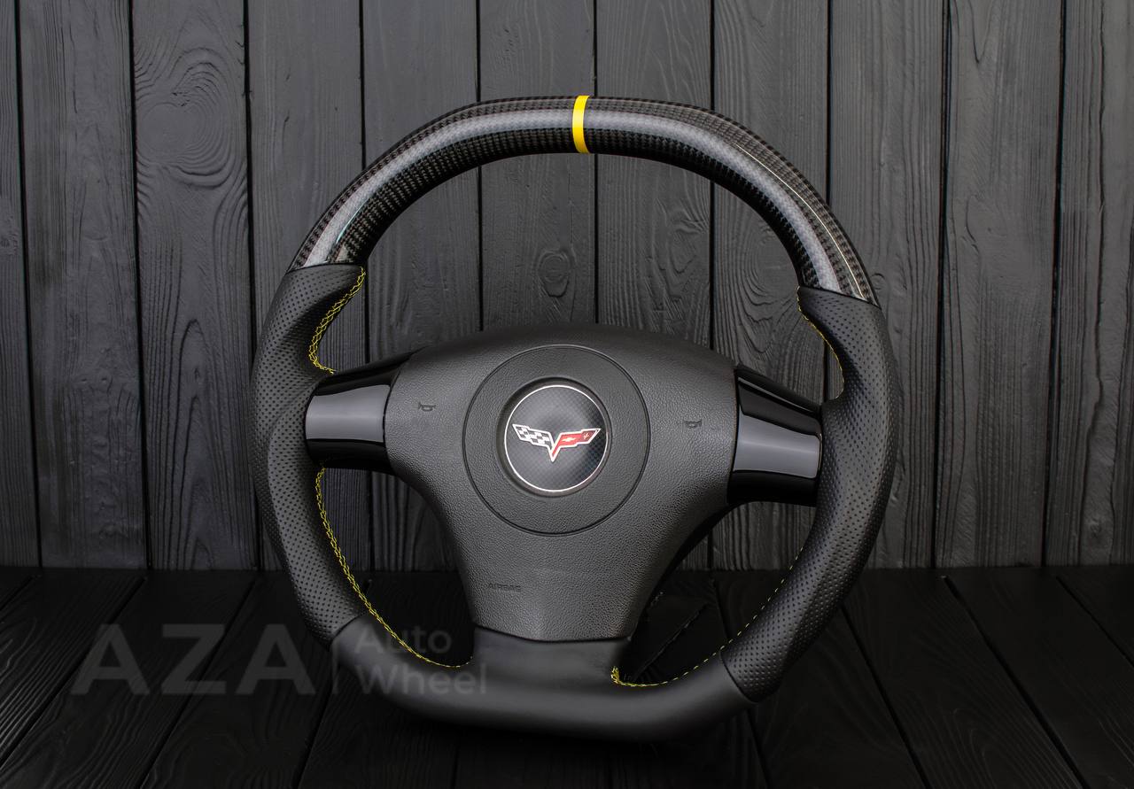 Steering wheel 2006-2011 Corvette C6 Carbon fiber/Perforated leather/Yellow details/Flat top - Image 3
