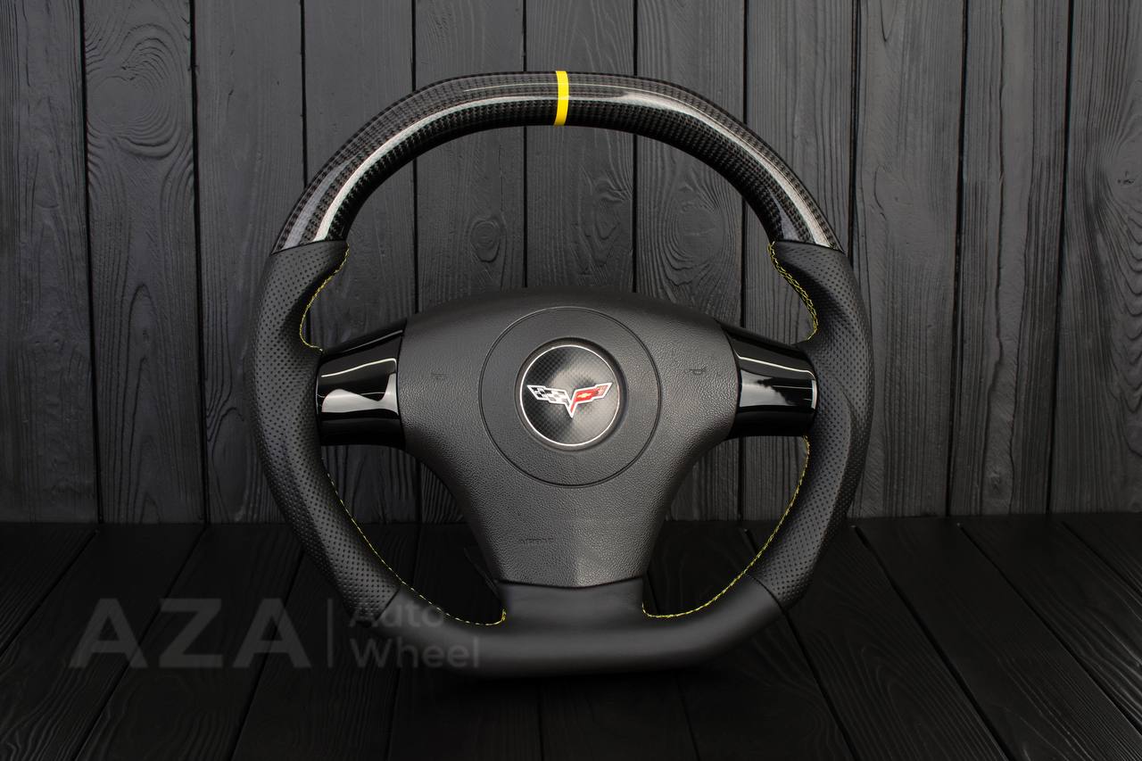Steering wheel 2006-2011 Corvette C6 Carbon fiber/Perforated leather/Yellow details/Flat top - Image 4
