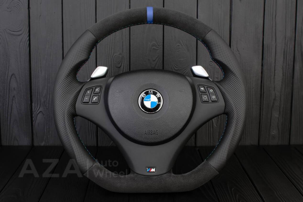 Steering wheel BMW E9X/E8X Flat bottom Perforated leather/Alcantara/Dark blue stripe
