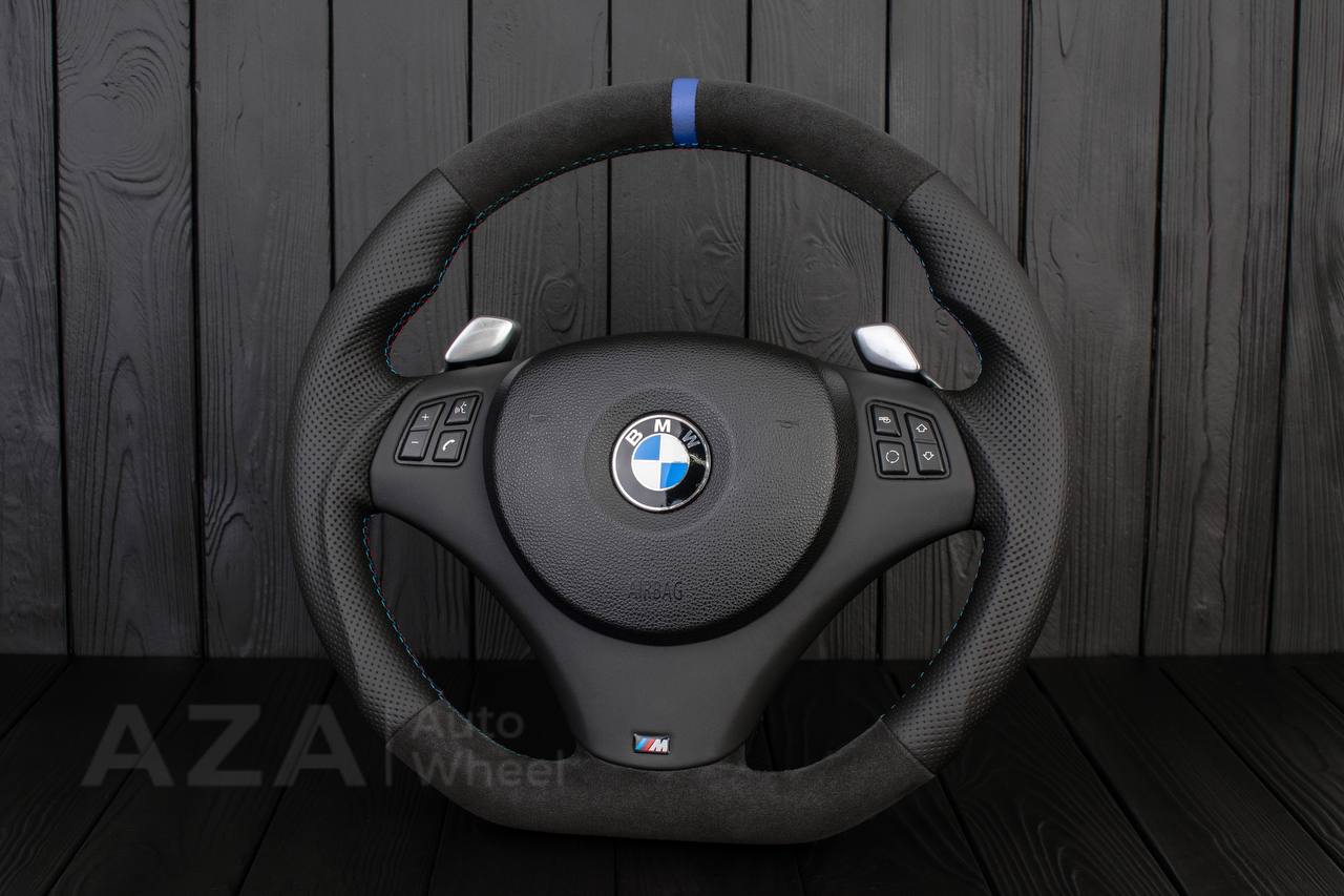 Steering wheel BMW E9X/E8X Flat bottom Perforated leather/Alcantara/Dark blue stripe - Image 5