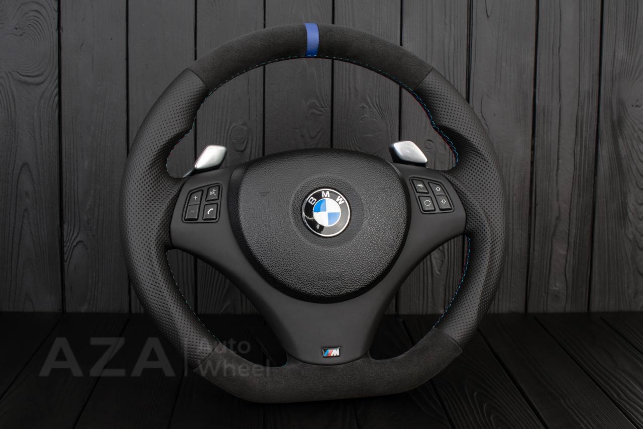 Steering wheel BMW E9X/E8X Flat bottom Perforated leather/Alcantara/Dark blue stripe - Image 3
