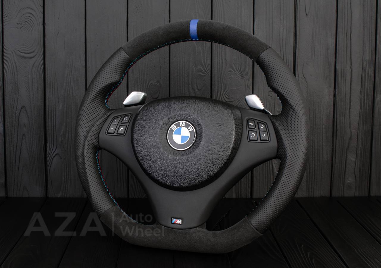 Steering wheel BMW E9X/E8X Flat bottom Perforated leather/Alcantara/Dark blue stripe - Image 4