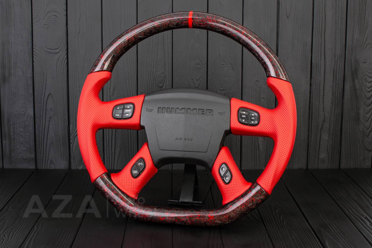 Steering wheel Hummer H2 Forged carbon fiber+Red flakes/Perforated red leather - Image 3