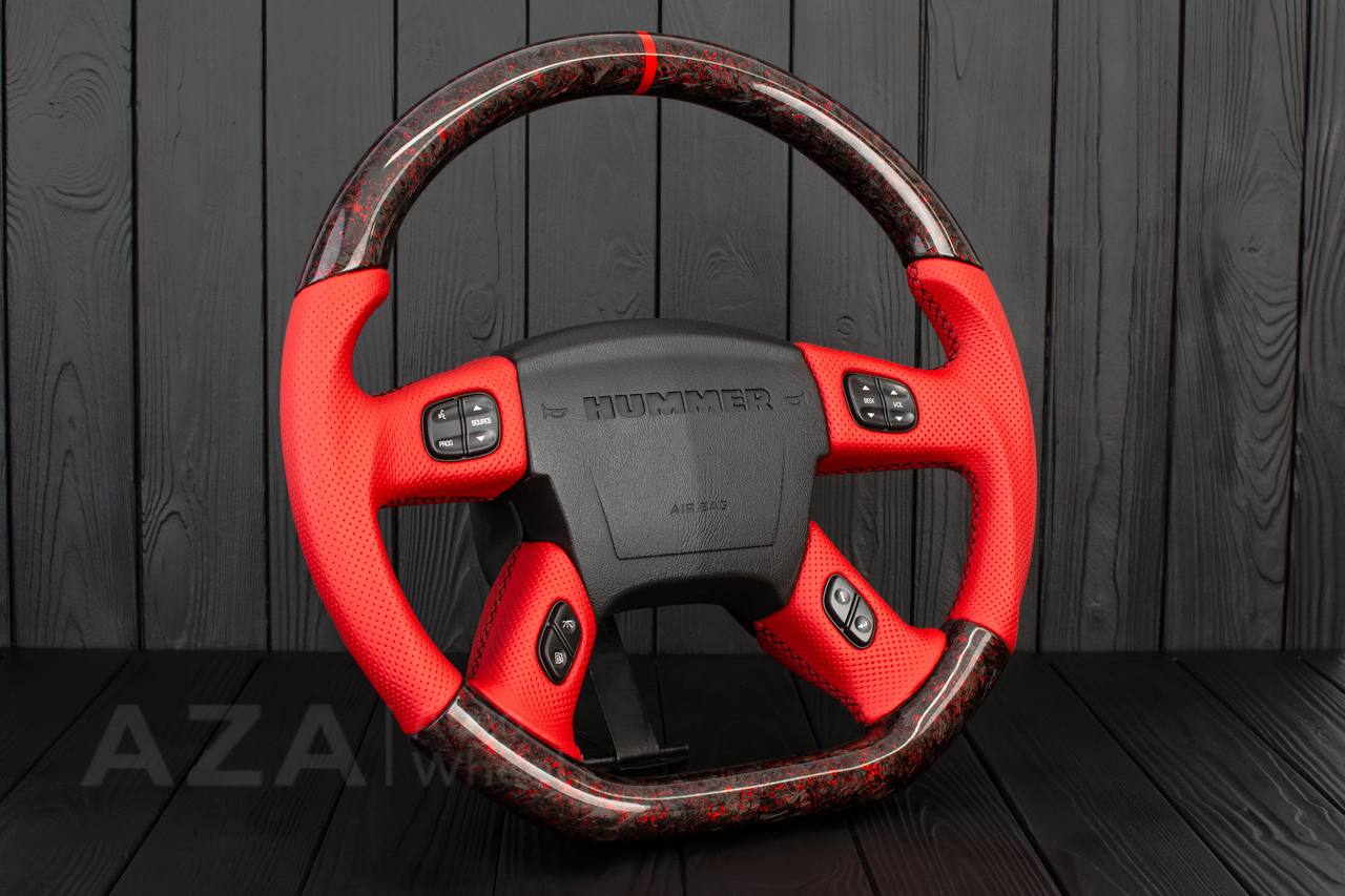 Steering wheel Hummer H2 Forged carbon fiber+Red flakes/Perforated red leather - Image 4
