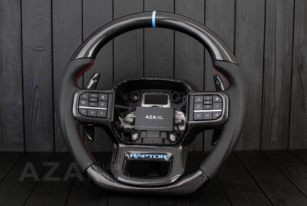 Steering wheel FORD RAPTOR 2021-2025 Carbon fiber/Perforated leather/Blue stripe/Red stitch/HEATED (can be any color) - Image 2