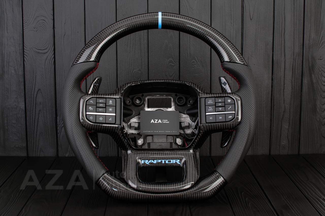 Steering wheel FORD RAPTOR 2021-2025 Carbon fiber/Perforated leather/Blue stripe/Red stitch/HEATED (can be any color)