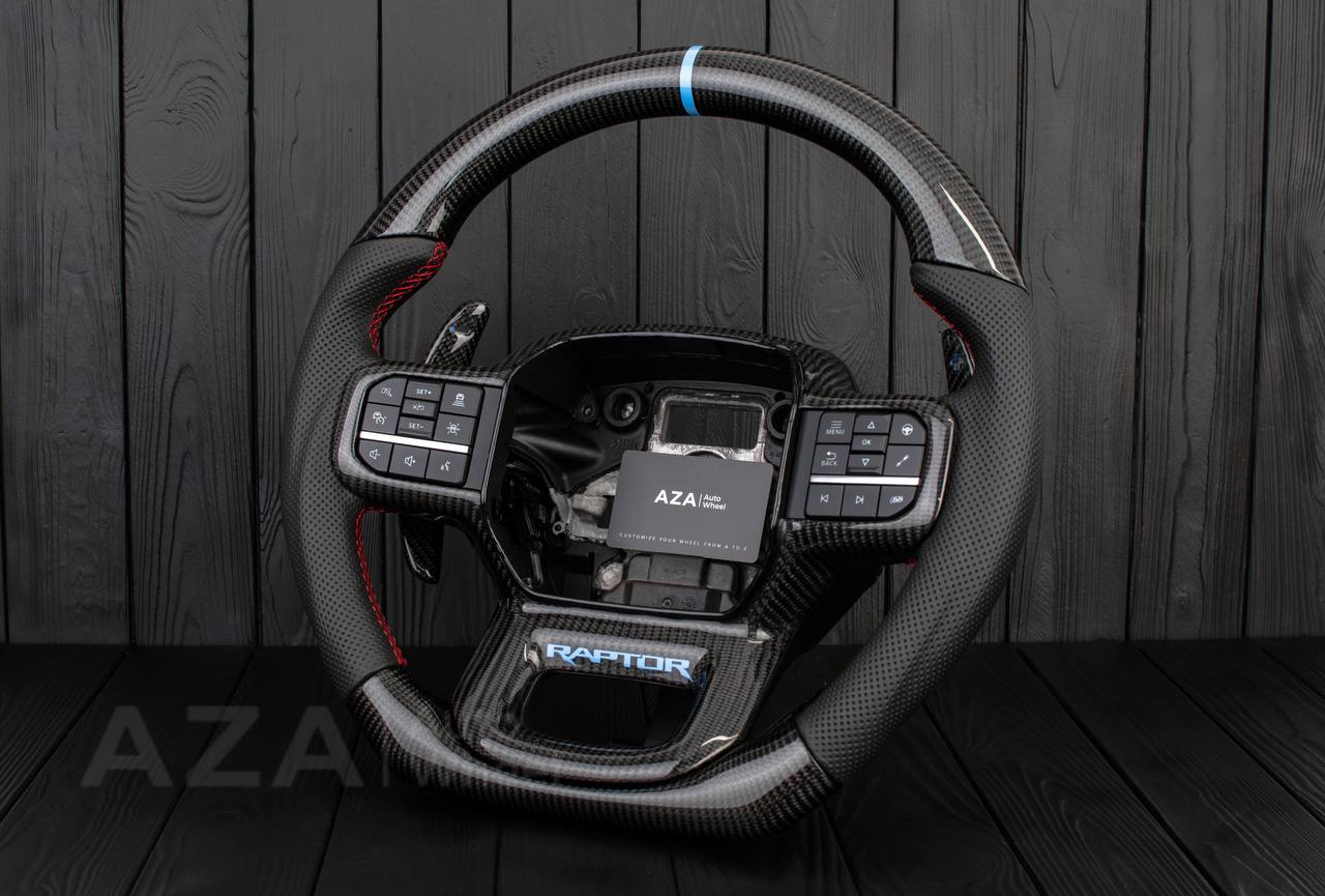 Steering wheel FORD RAPTOR 2021-2025 Carbon fiber/Perforated leather/Blue stripe/Red stitch/HEATED (can be any color) - Image 4