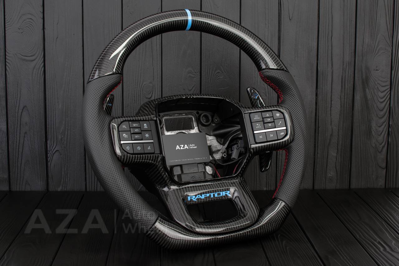 Steering wheel FORD RAPTOR 2021-2025 Carbon fiber/Perforated leather/Blue stripe/Red stitch/HEATED (can be any color) - Image 5