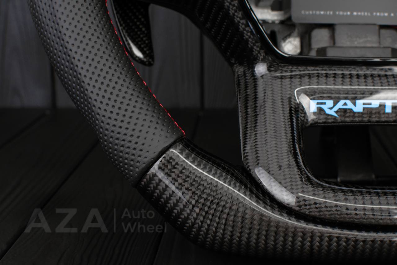 Steering wheel FORD RAPTOR 2021-2025 Carbon fiber/Perforated leather/Blue stripe/Red stitch/HEATED (can be any color) - Image 11
