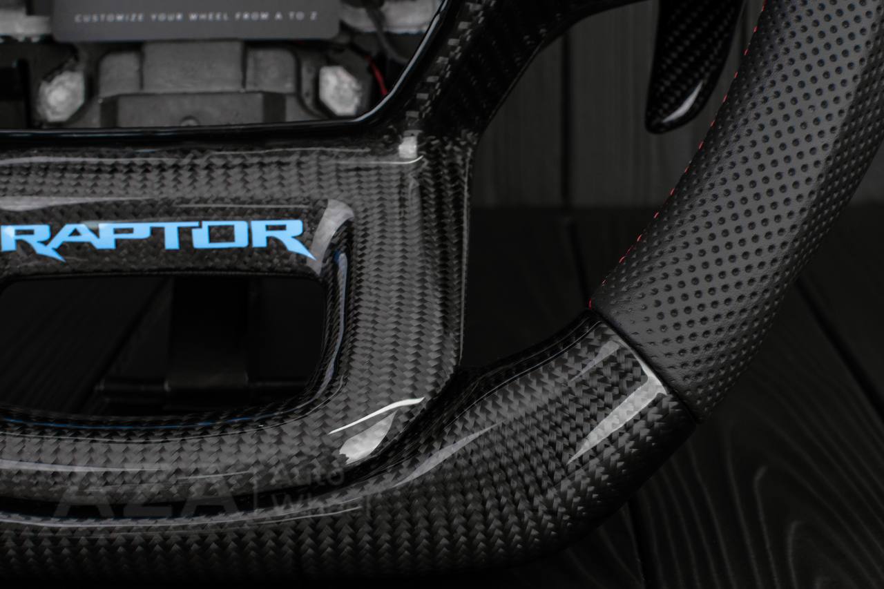 Steering wheel FORD RAPTOR 2021-2025 Carbon fiber/Perforated leather/Blue stripe/Red stitch/HEATED (can be any color) - Image 12