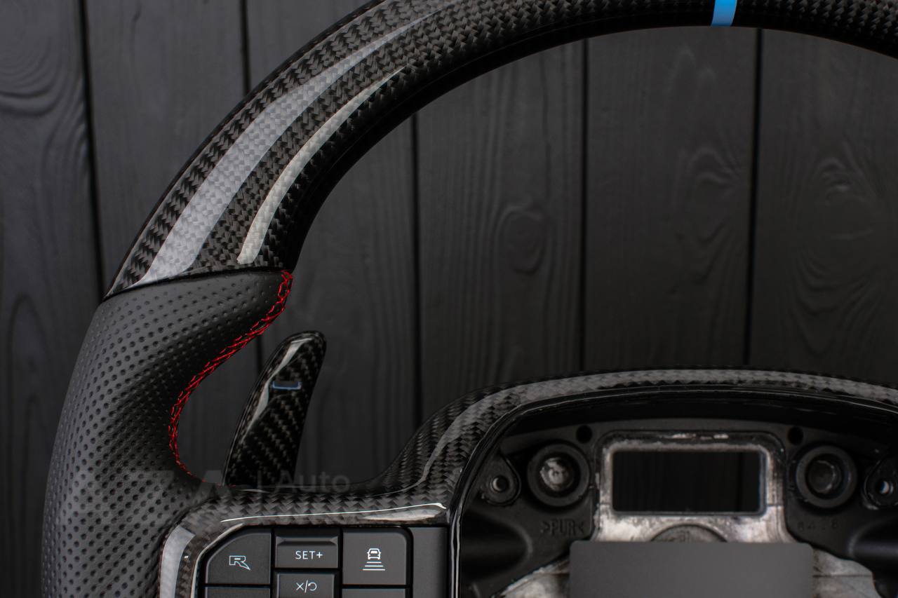 Steering wheel FORD RAPTOR 2021-2025 Carbon fiber/Perforated leather/Blue stripe/Red stitch/HEATED (can be any color) - Image 15