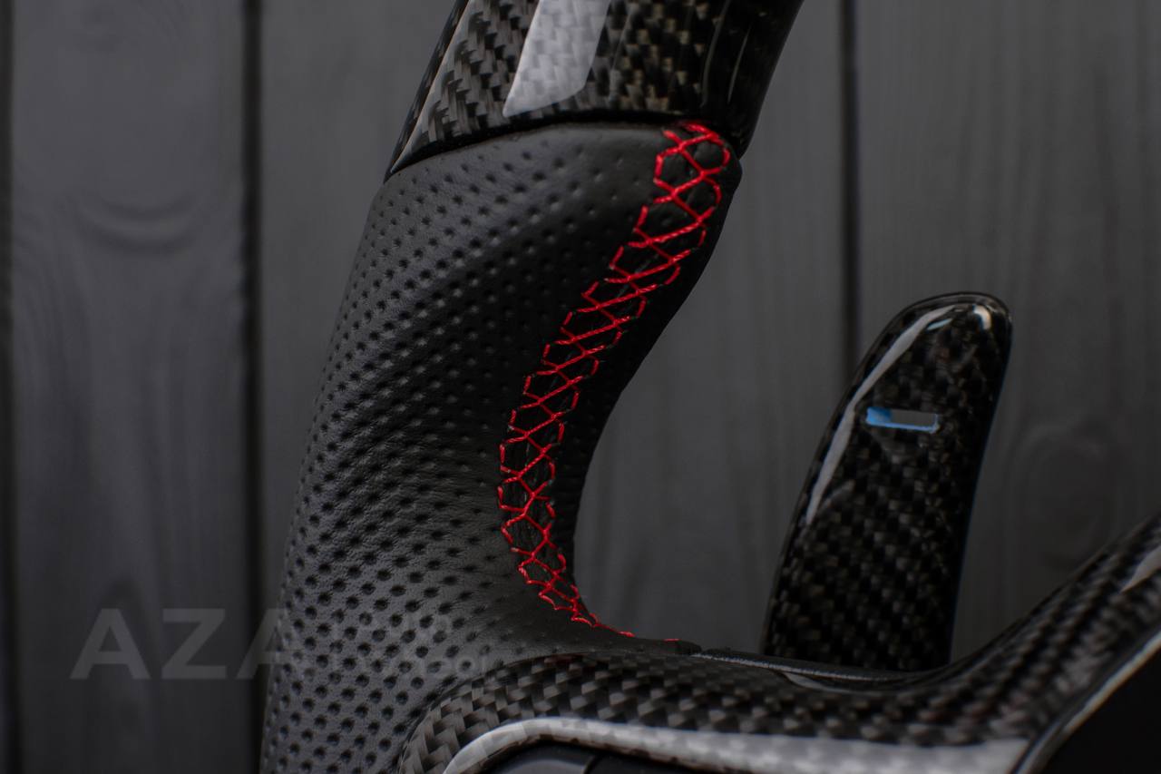 Steering wheel FORD RAPTOR 2021-2025 Carbon fiber/Perforated leather/Blue stripe/Red stitch/HEATED (can be any color) - Image 17