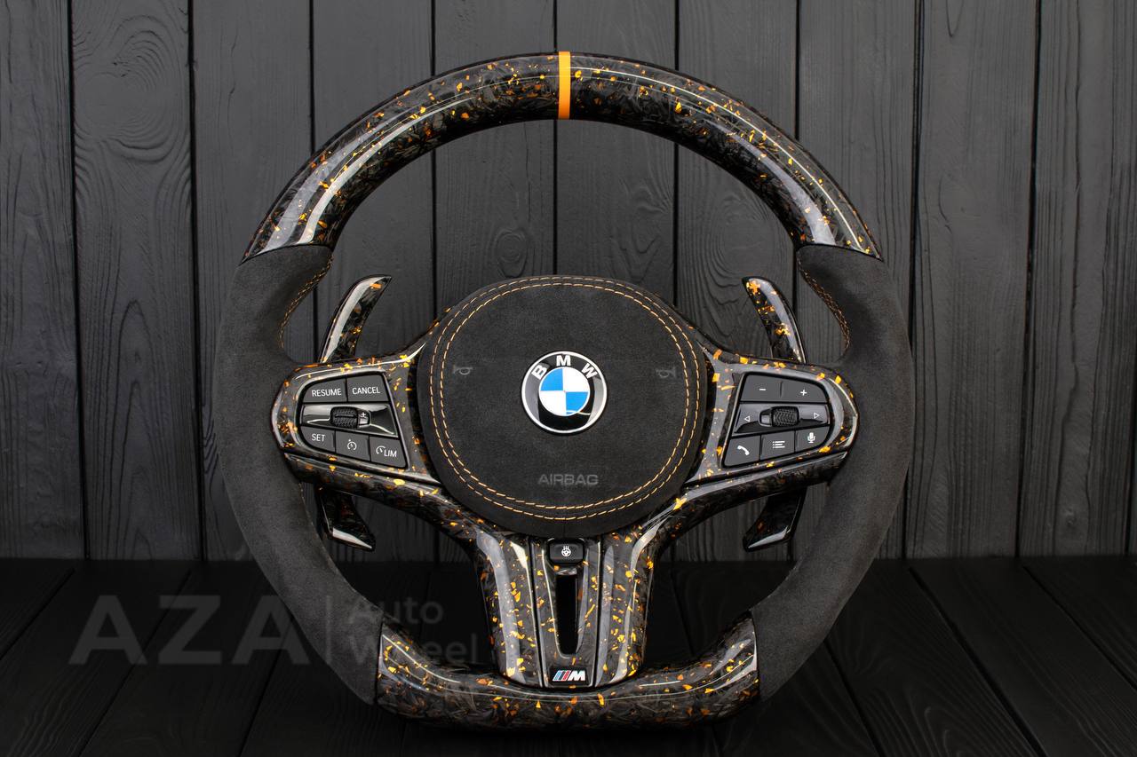 Steering wheel 2017+ BMW F90 M5 G80 M3 M4 M8 X5M X6M X3M X4M Forged Carbon fiber/Alcantara/Gold details+flakes (can be any color) (drivers assist+heated retained) + Air bag cover+ matching paddles.