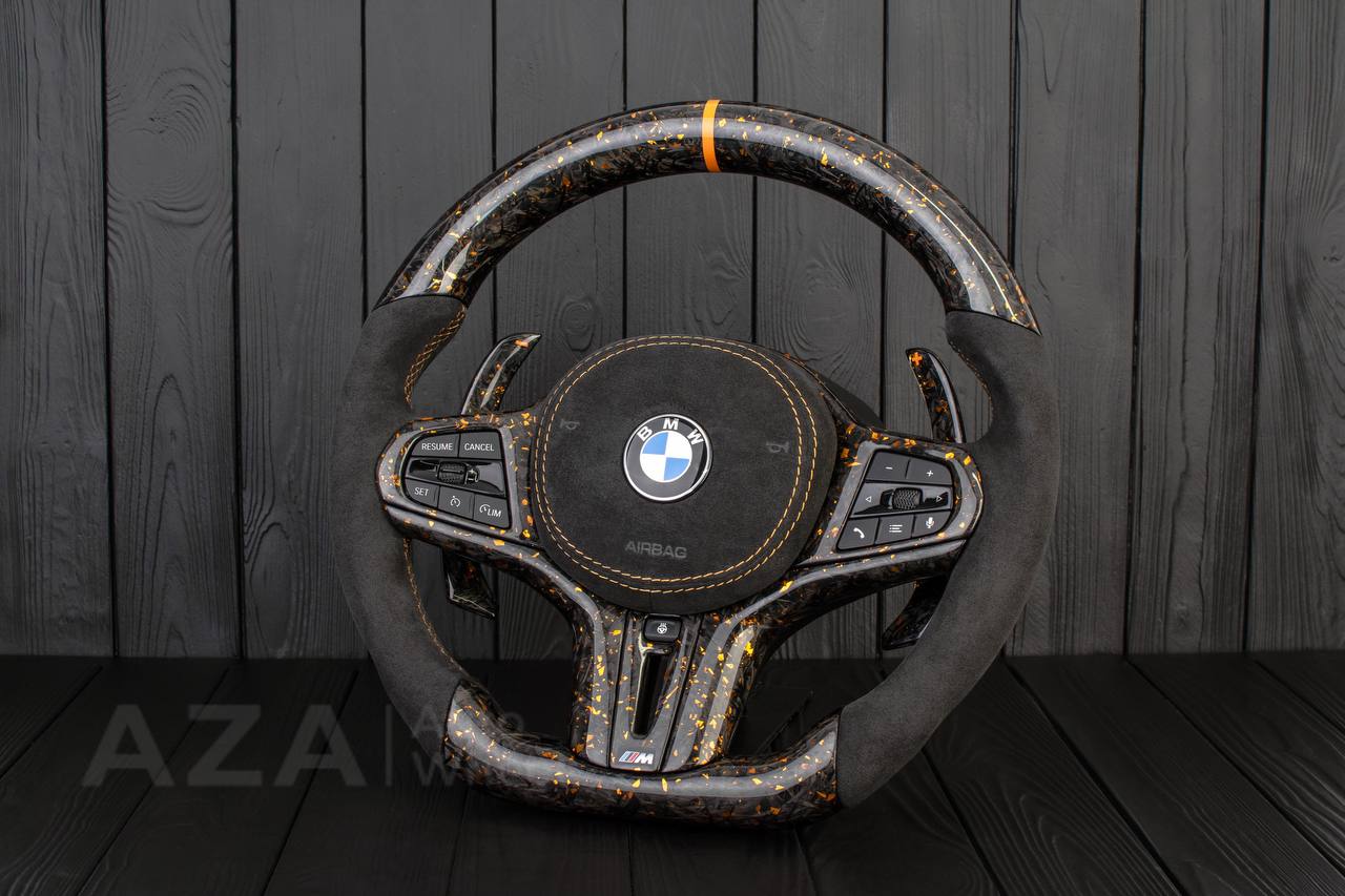 Steering wheel 2017+ BMW F90 M5 G80 M3 M4 M8 X5M X6M X3M X4M Forged Carbon fiber/Alcantara/Gold details+flakes (can be any color) (drivers assist+heated retained) + Air bag cover+ matching paddles. - Image 4