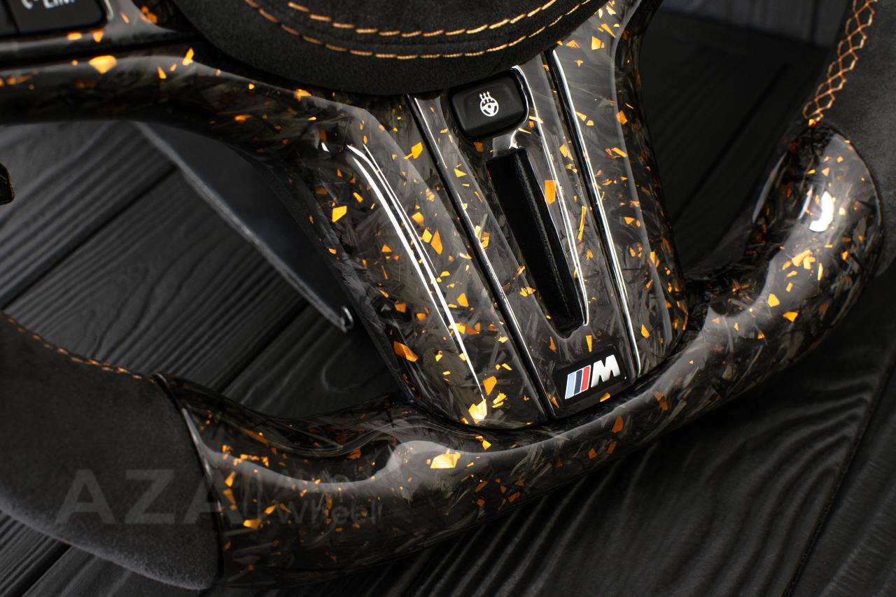 Steering wheel 2017+ BMW F90 M5 G80 M3 M4 M8 X5M X6M X3M X4M Forged Carbon fiber/Alcantara/Gold details+flakes (can be any color) (drivers assist+heated retained) + Air bag cover+ matching paddles. - Image 8