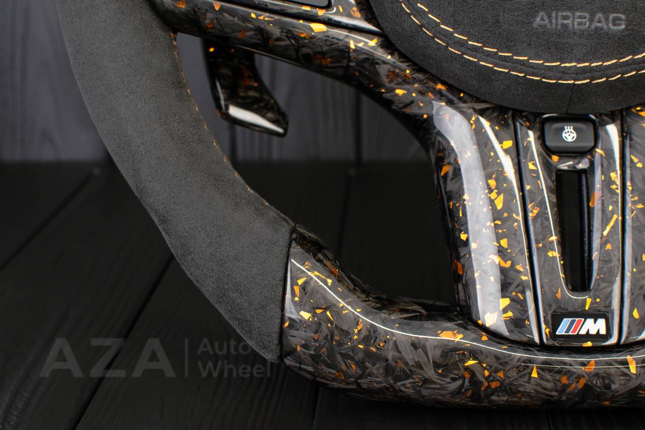 Steering wheel 2017+ BMW F90 M5 G80 M3 M4 M8 X5M X6M X3M X4M Forged Carbon fiber/Alcantara/Gold details+flakes (can be any color) (drivers assist+heated retained) + Air bag cover+ matching paddles. - Image 10