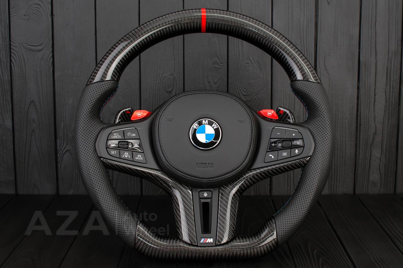 Steering wheel BMW F90 M5 M8 X5M X6M X3M X4M 2017+ Carbon fiber/Perforated leather/RED stripe/ HEATED/DRIVERS ASSIST PRO