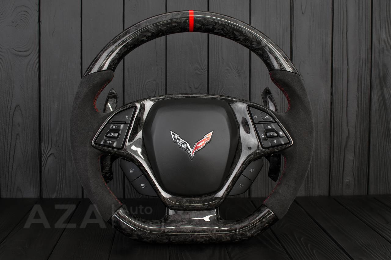 Steering wheel Chevrolet Corvette C7 2014-2019 Flat bottom (can be any color stripe and stitch) Forged carbon fiber/Alcantara/Red stripe (can be rev match or +/- logo)