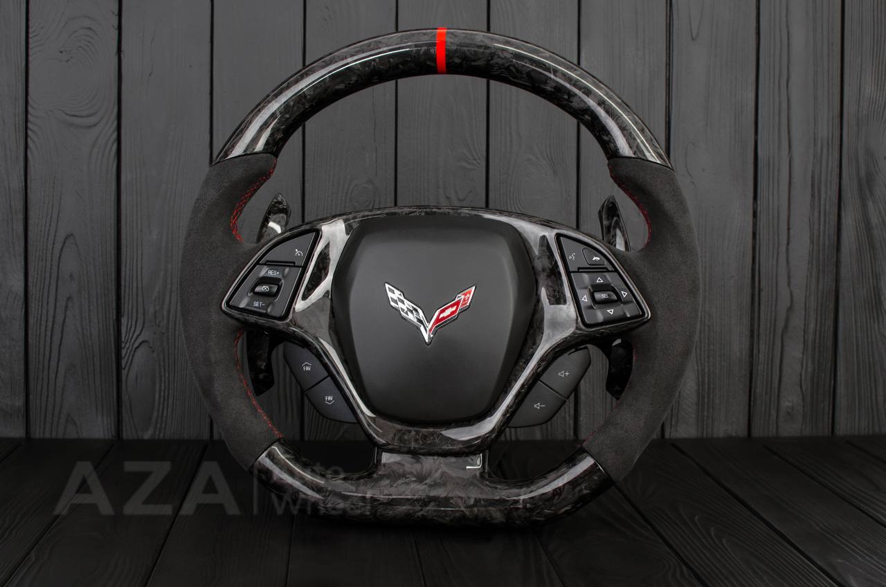 Steering wheel Chevrolet Corvette C7 2014-2019 Flat bottom (can be any color stripe and stitch) Forged carbon fiber/Alcantara/Red stripe (can be rev match or +/- logo) - Image 3