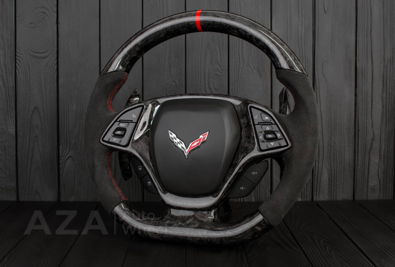 Steering wheel Chevrolet Corvette C7 2014-2019 Flat bottom (can be any color stripe and stitch) Forged carbon fiber/Alcantara/Red stripe (can be rev match or +/- logo) - Image 4