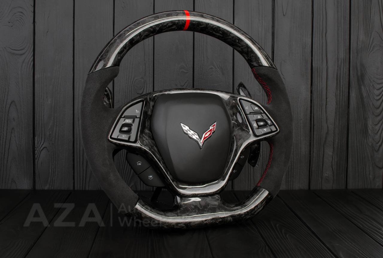 Steering wheel Chevrolet Corvette C7 2014-2019 Flat bottom (can be any color stripe and stitch) Forged carbon fiber/Alcantara/Red stripe (can be rev match or +/- logo) - Image 5