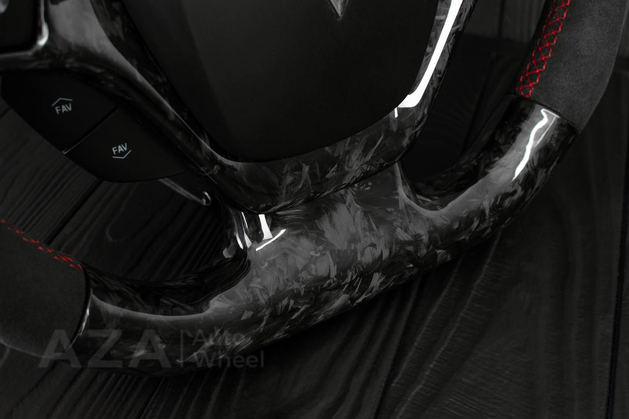 Steering wheel Chevrolet Corvette C7 2014-2019 Flat bottom (can be any color stripe and stitch) Forged carbon fiber/Alcantara/Red stripe (can be rev match or +/- logo) - Image 7