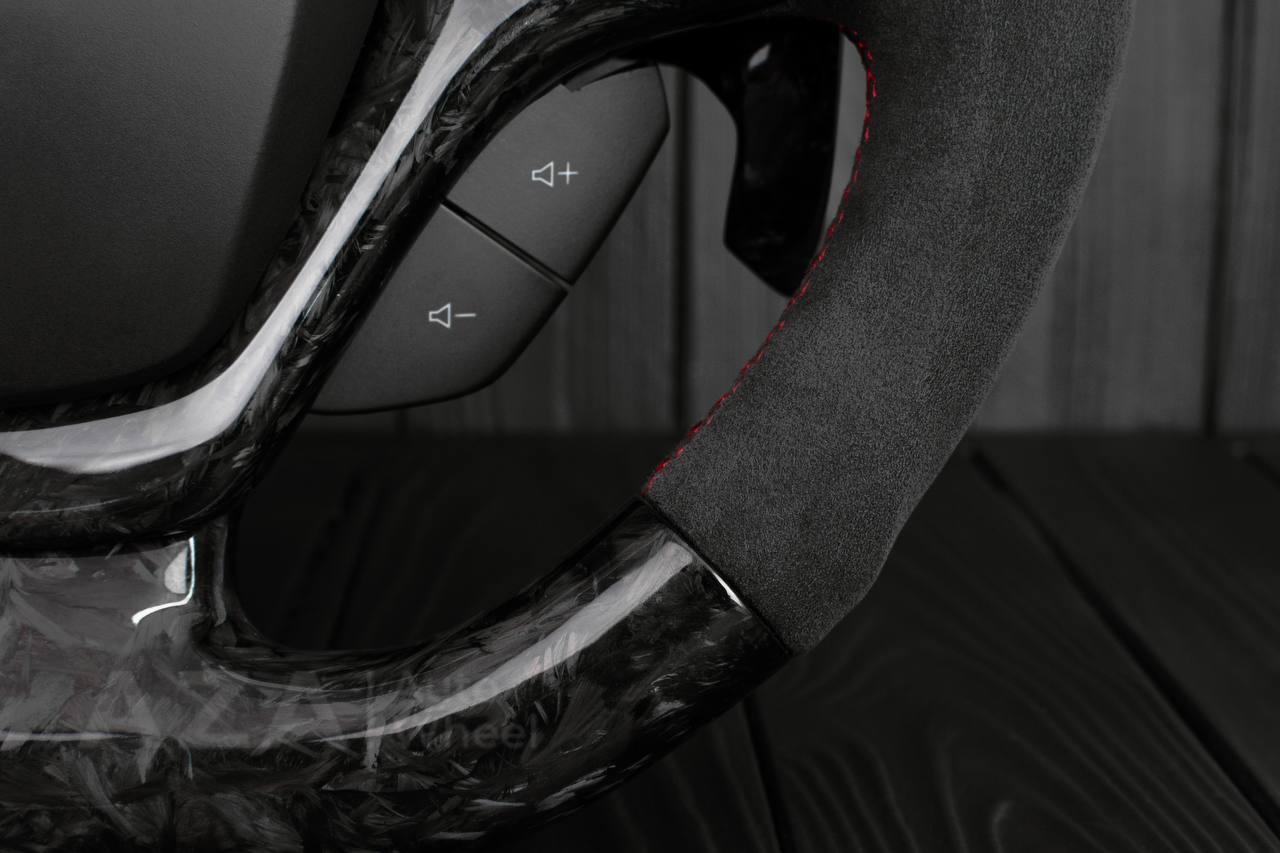 Steering wheel Chevrolet Corvette C7 2014-2019 Flat bottom (can be any color stripe and stitch) Forged carbon fiber/Alcantara/Red stripe (can be rev match or +/- logo) - Image 13