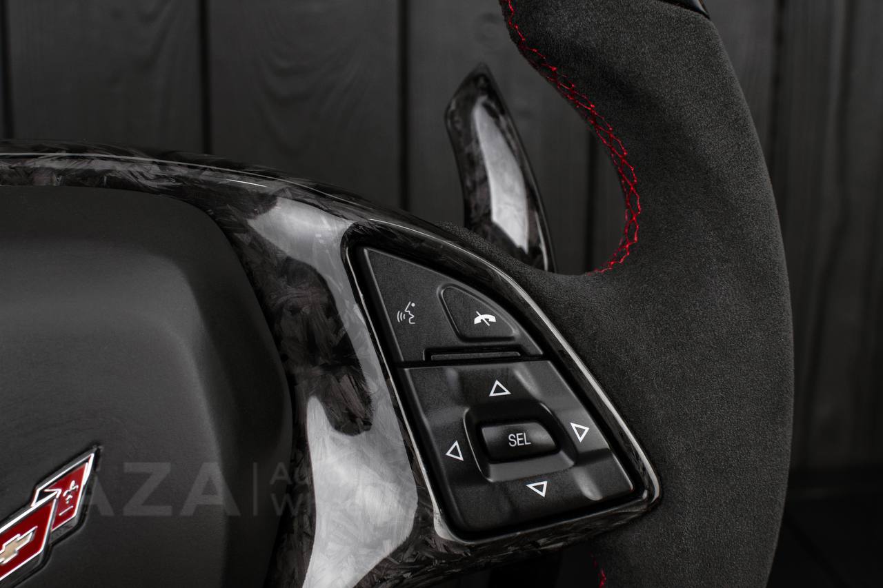 Steering wheel Chevrolet Corvette C7 2014-2019 Flat bottom (can be any color stripe and stitch) Forged carbon fiber/Alcantara/Red stripe (can be rev match or +/- logo) - Image 15