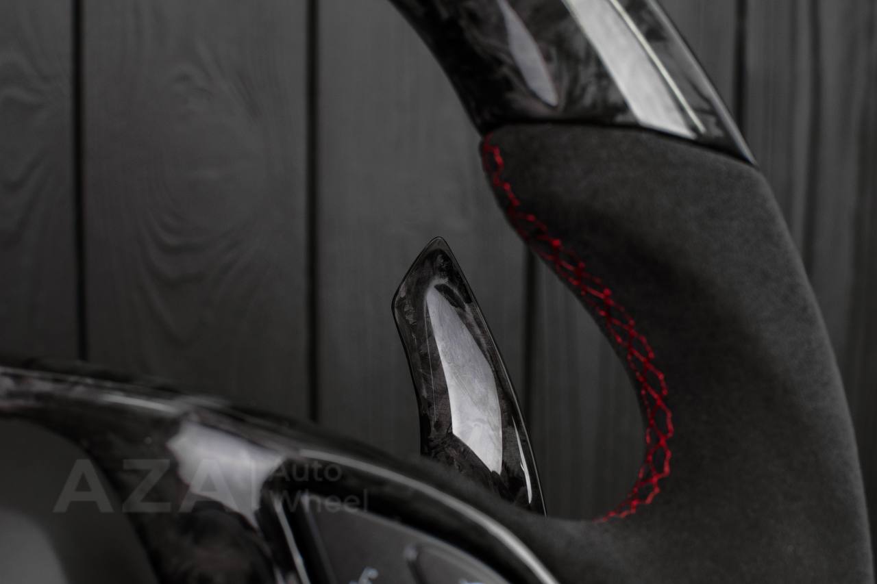 Steering wheel Chevrolet Corvette C7 2014-2019 Flat bottom (can be any color stripe and stitch) Forged carbon fiber/Alcantara/Red stripe (can be rev match or +/- logo) - Image 16