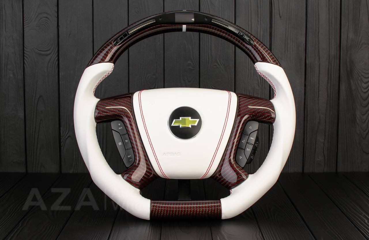 Steering wheel GM, Silverado, Sierra, Escalade (2007-2014) Red Carbon fiber/White genuine leather/Led screen
