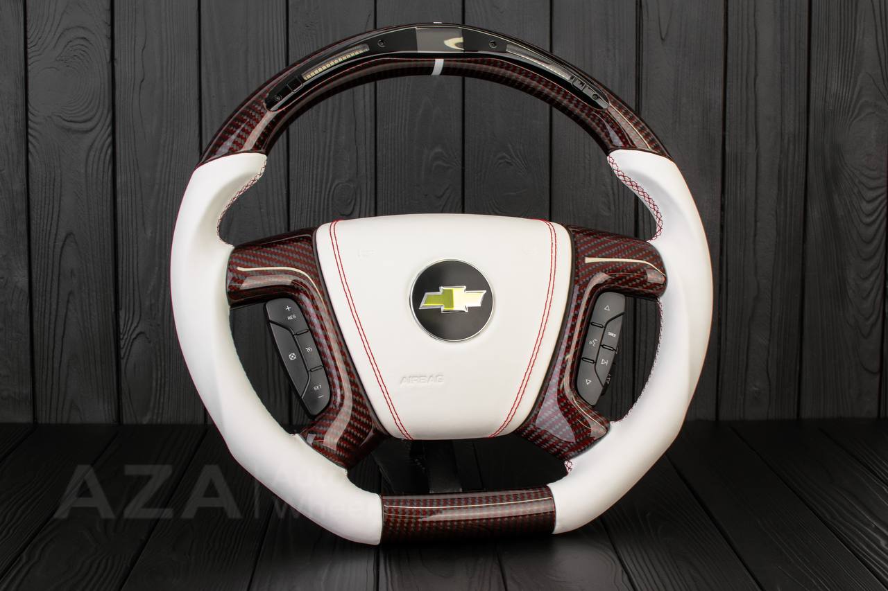 Steering wheel GM, Silverado, Sierra, Escalade (2007-2014) Red Carbon fiber/White genuine leather/Led screen - Image 3