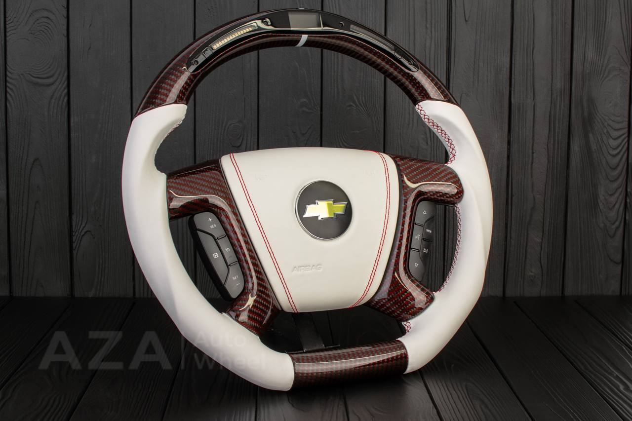 Steering wheel GM, Silverado, Sierra, Escalade (2007-2014) Red Carbon fiber/White genuine leather/Led screen - Image 4