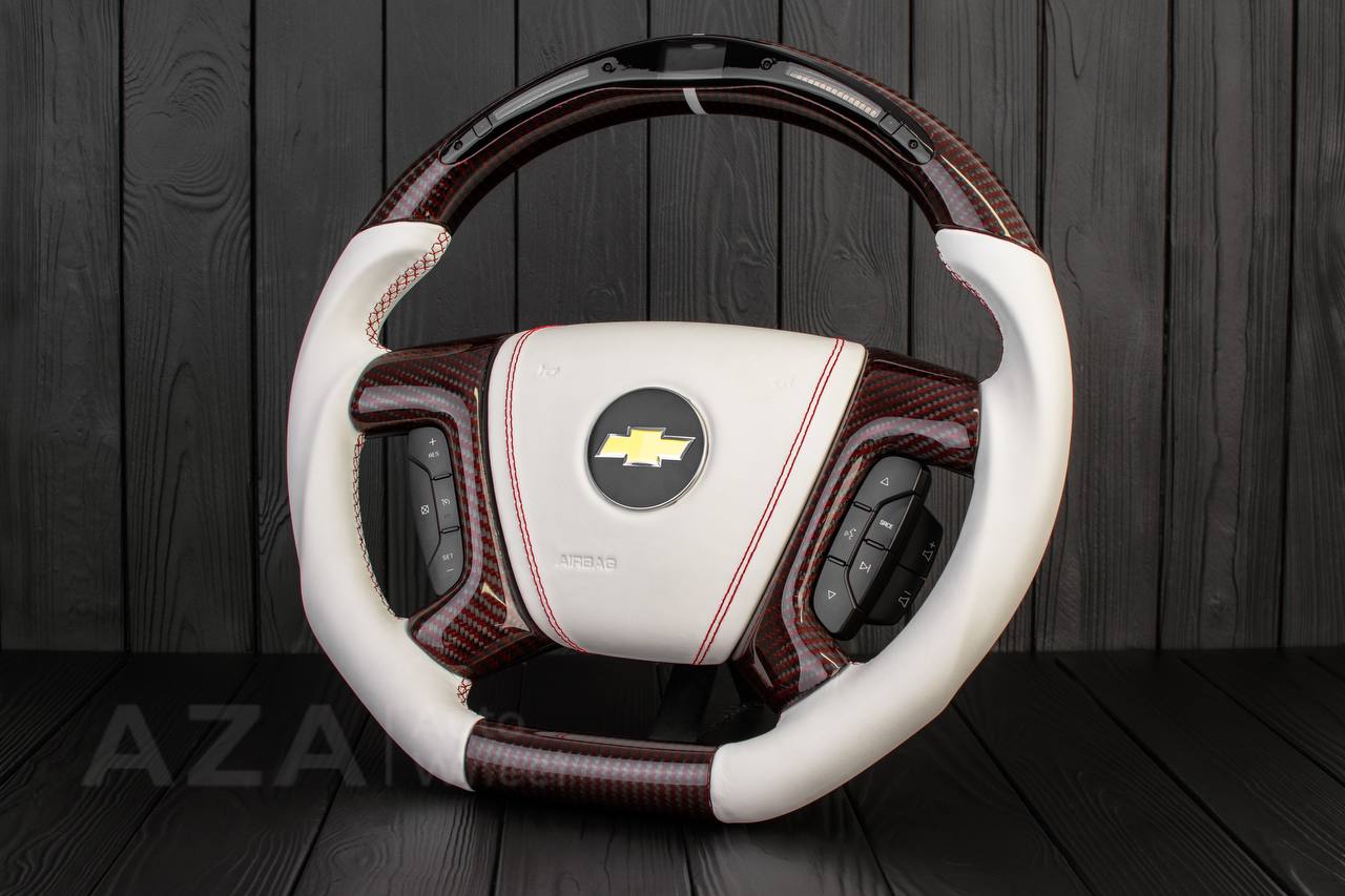 Steering wheel GM, Silverado, Sierra, Escalade (2007-2014) Red Carbon fiber/White genuine leather/Led screen - Image 5