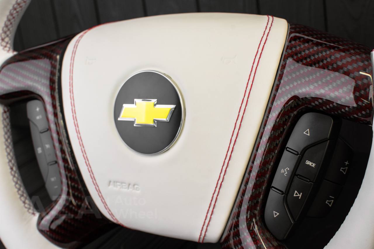 Steering wheel GM, Silverado, Sierra, Escalade (2007-2014) Red Carbon fiber/White genuine leather/Led screen - Image 8