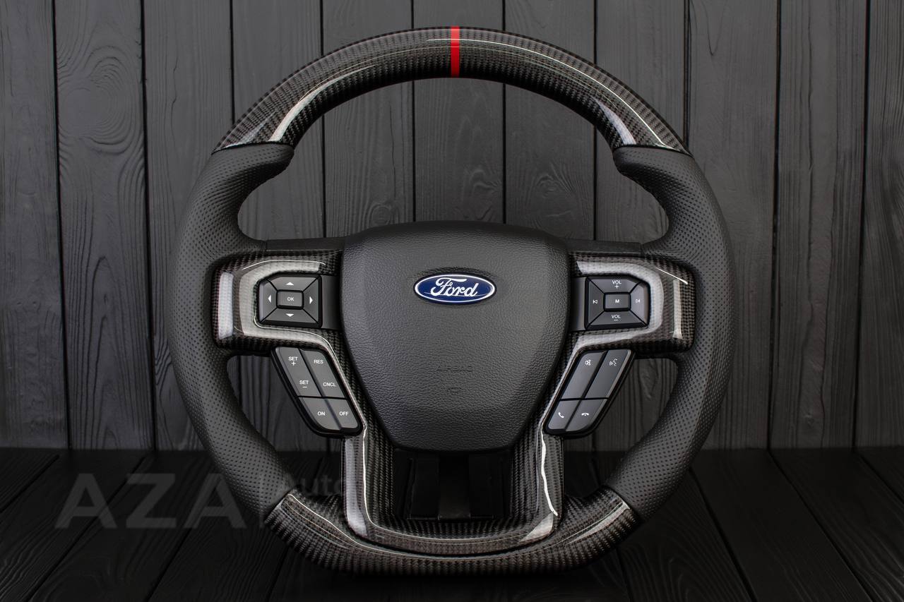 Steering wheel Ford F150/F250/F350 2015-2022 Carbon fiber/Perforated leather/Red stripe/