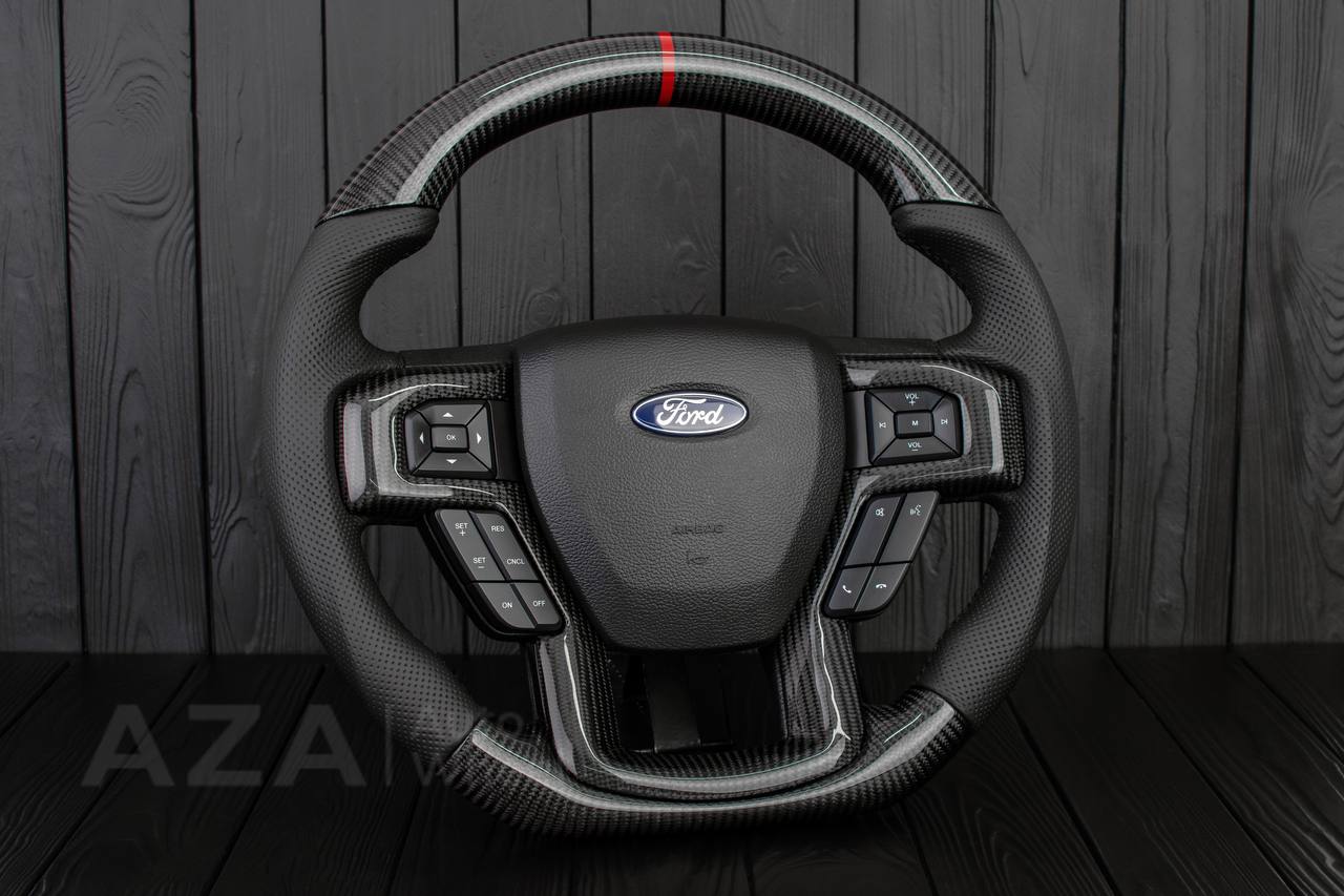 Steering wheel Ford F150/F250/F350 2015-2022 Carbon fiber/Perforated leather/Red stripe/ - Image 4