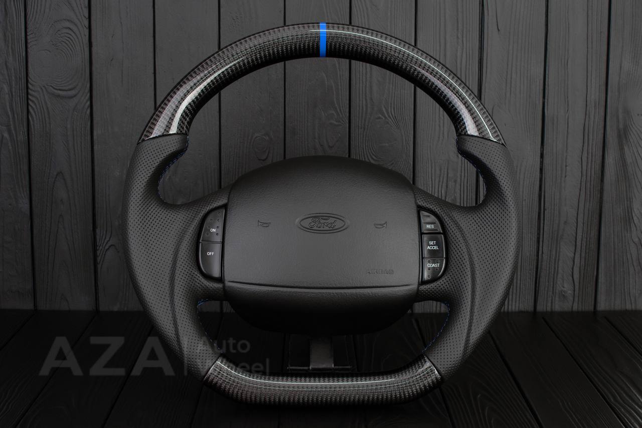 Steering wheel Ford F150/F250/F350 97-2007 Carbon fiber/Perforated leather/Blue stripe (can be any color per request)