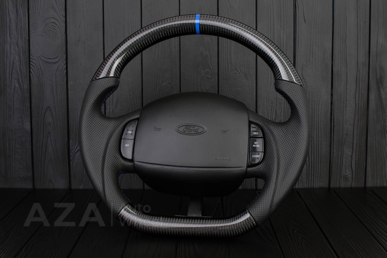 Steering wheel Ford F150/F250/F350 97-2007 Carbon fiber/Perforated leather/Blue stripe (can be any color per request) - Image 3