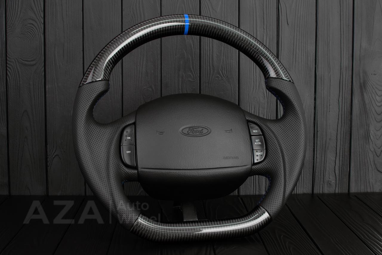 Steering wheel Ford F150/F250/F350 97-2007 Carbon fiber/Perforated leather/Blue stripe (can be any color per request) - Image 4