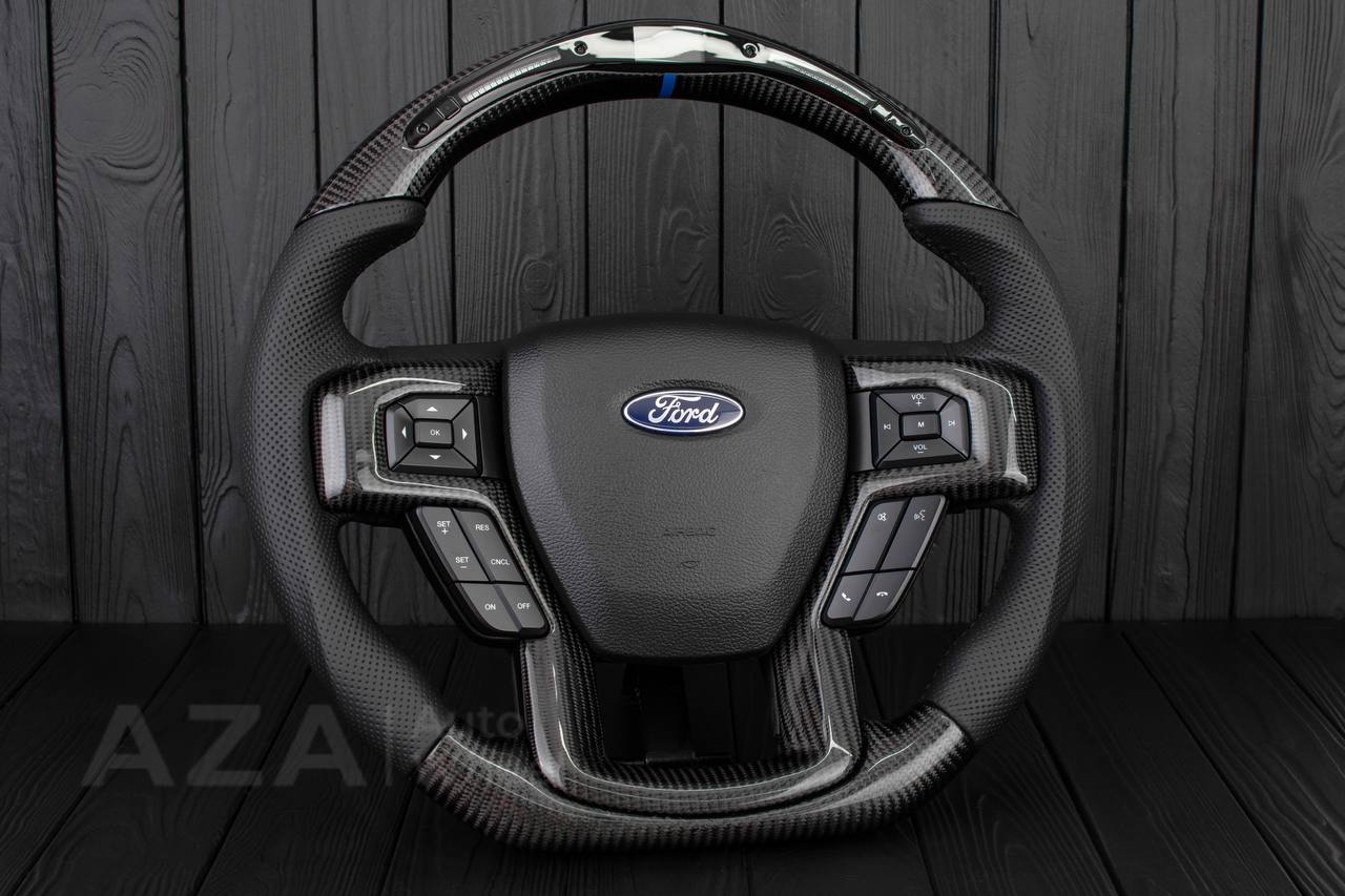 Steering wheel Ford F150/F250/F350 2015-2020 Carbon fiber/Perforated leather/Led screen/Blue stripe - Image 3