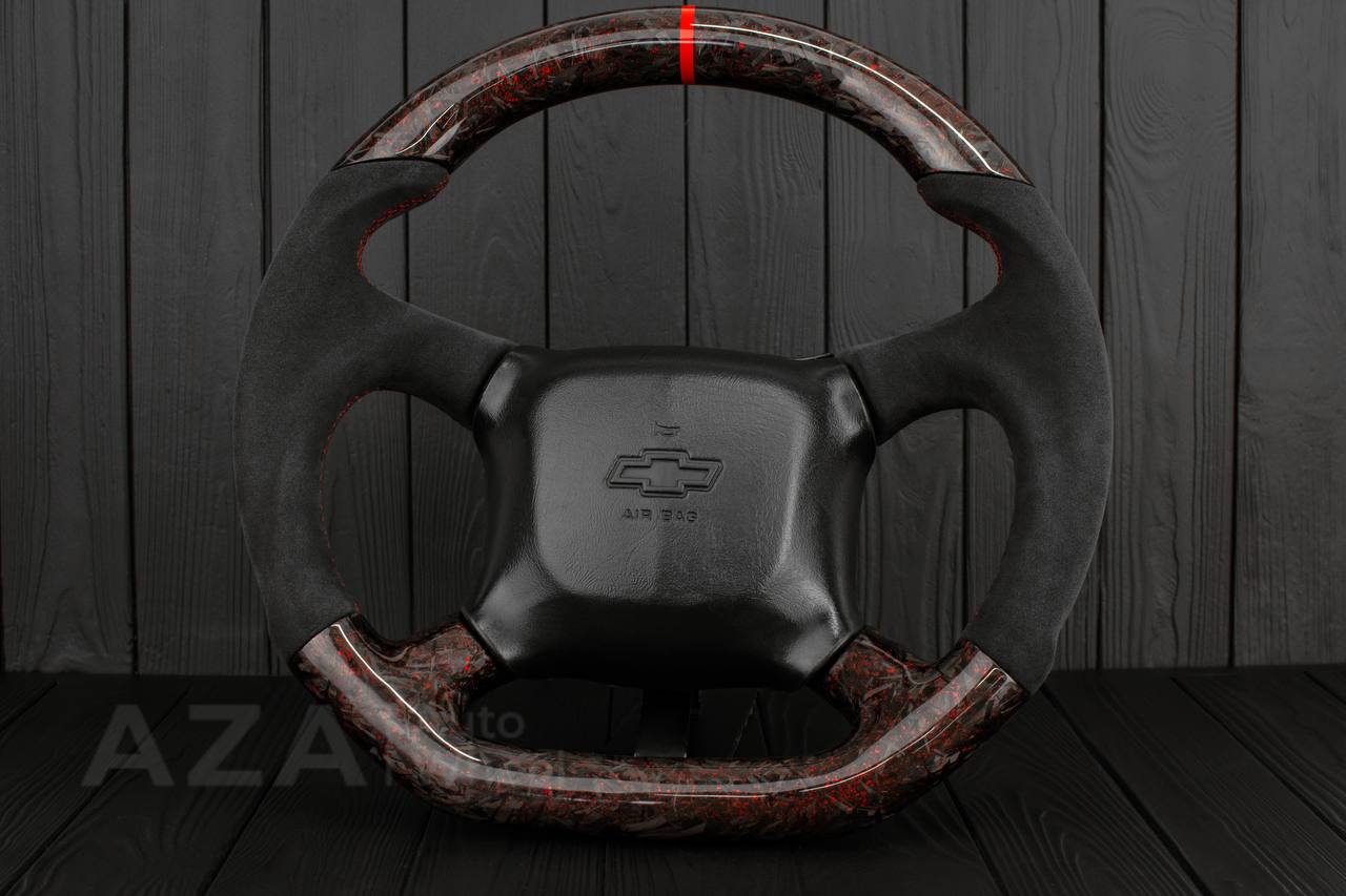 Steering wheel GM Silverado, Sierra, Escalade, Yukon, S10, Blazer, Tahoe, Suburban (1998-2002) Forged Carbon fiber/Alcantara/Red flakes - Image 2