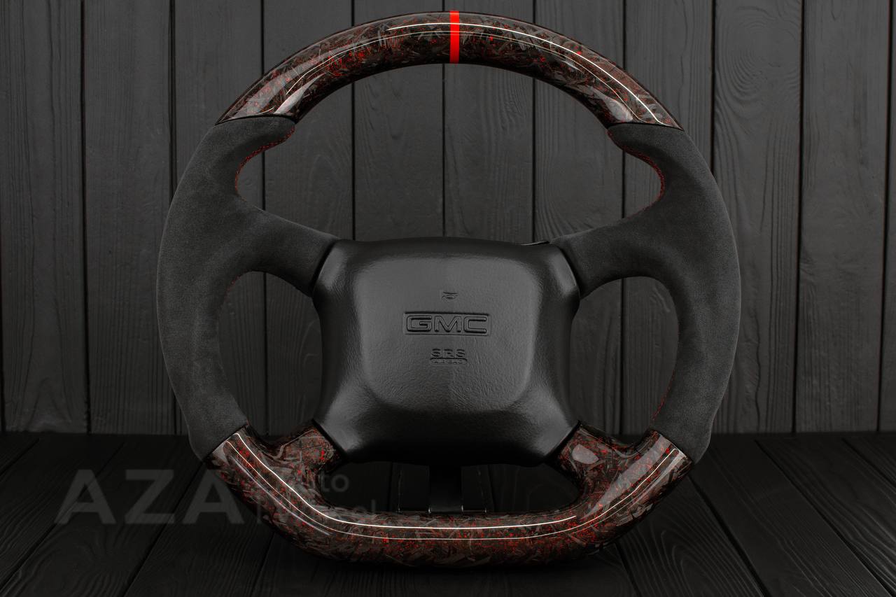 Steering wheel GM Silverado, Sierra, Escalade, Yukon, S10, Blazer, Tahoe, Suburban (1998-2002) Forged Carbon fiber/Alcantara/Red flakes