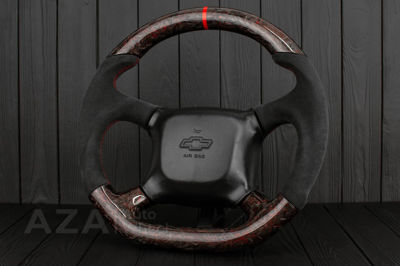 Steering wheel GM Silverado, Sierra, Escalade, Yukon, S10, Blazer, Tahoe, Suburban (1998-2002) Forged Carbon fiber/Alcantara/Red flakes - Image 4