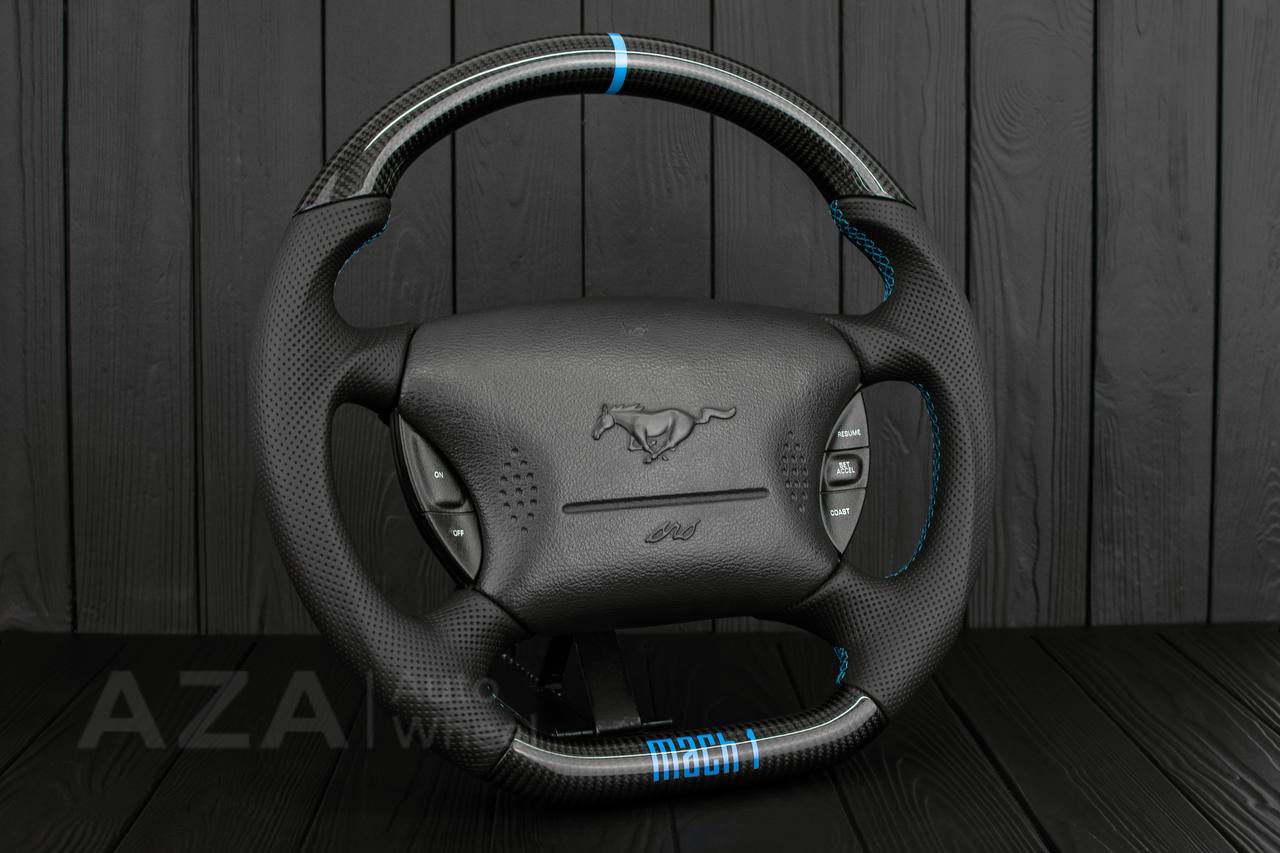 Steering wheel 1994-2004 Ford Mustang GT Cobra Carbon fiber/leather/light blue details/ MACH 1 - Image 3