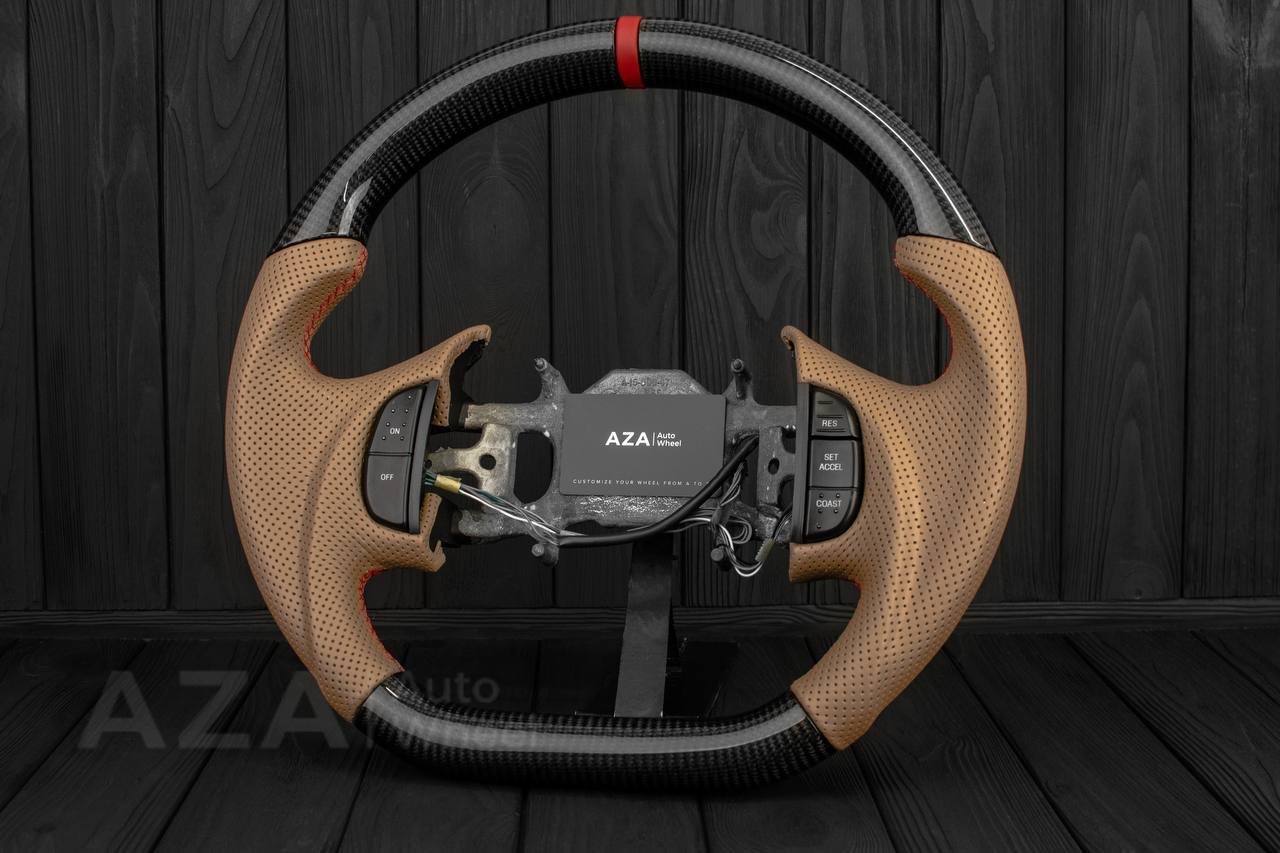 Steering wheel Ford F150/F250/F350 97-2007 Carbon fiber/Perforated brown leather/Red leather stripe (can be any color per request) - Image 2