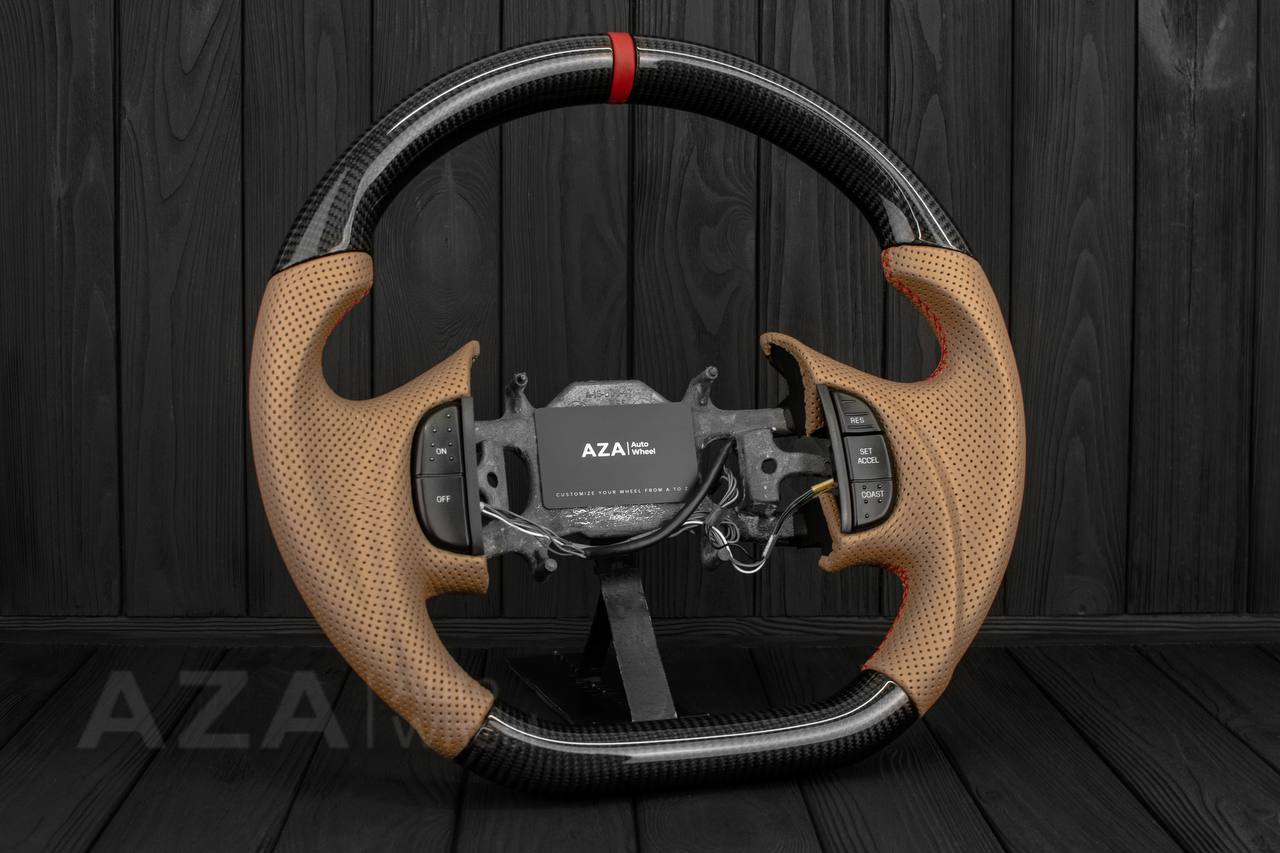 Steering wheel Ford F150/F250/F350 97-2007 Carbon fiber/Perforated brown leather/Red leather stripe (can be any color per request) - Image 4