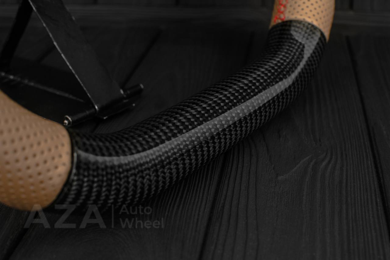 Steering wheel Ford F150/F250/F350 97-2007 Carbon fiber/Perforated brown leather/Red leather stripe (can be any color per request) - Image 6