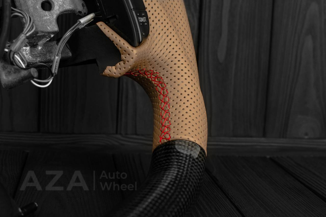 Steering wheel Ford F150/F250/F350 97-2007 Carbon fiber/Perforated brown leather/Red leather stripe (can be any color per request) - Image 11