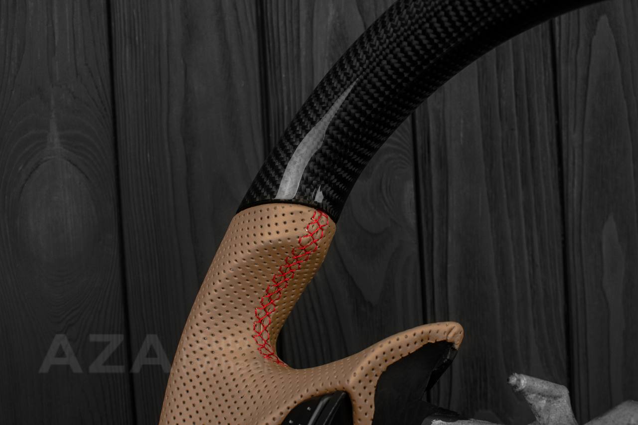 Steering wheel Ford F150/F250/F350 97-2007 Carbon fiber/Perforated brown leather/Red leather stripe (can be any color per request) - Image 13