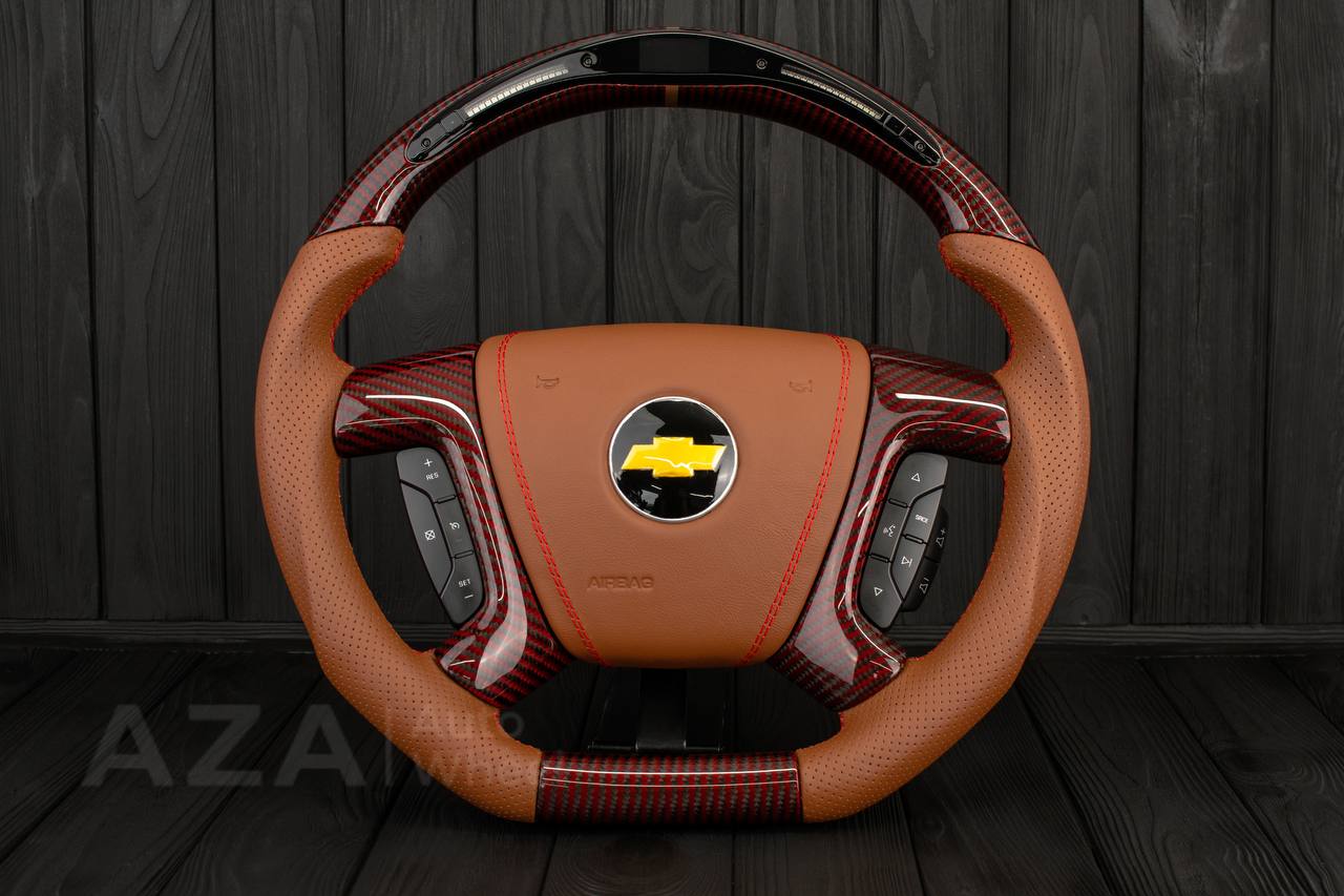 Steering wheel GM, Silverado, Sierra, Escalade (2007-2014) Red Carbon fiber/Brown genuine leather/Led screen